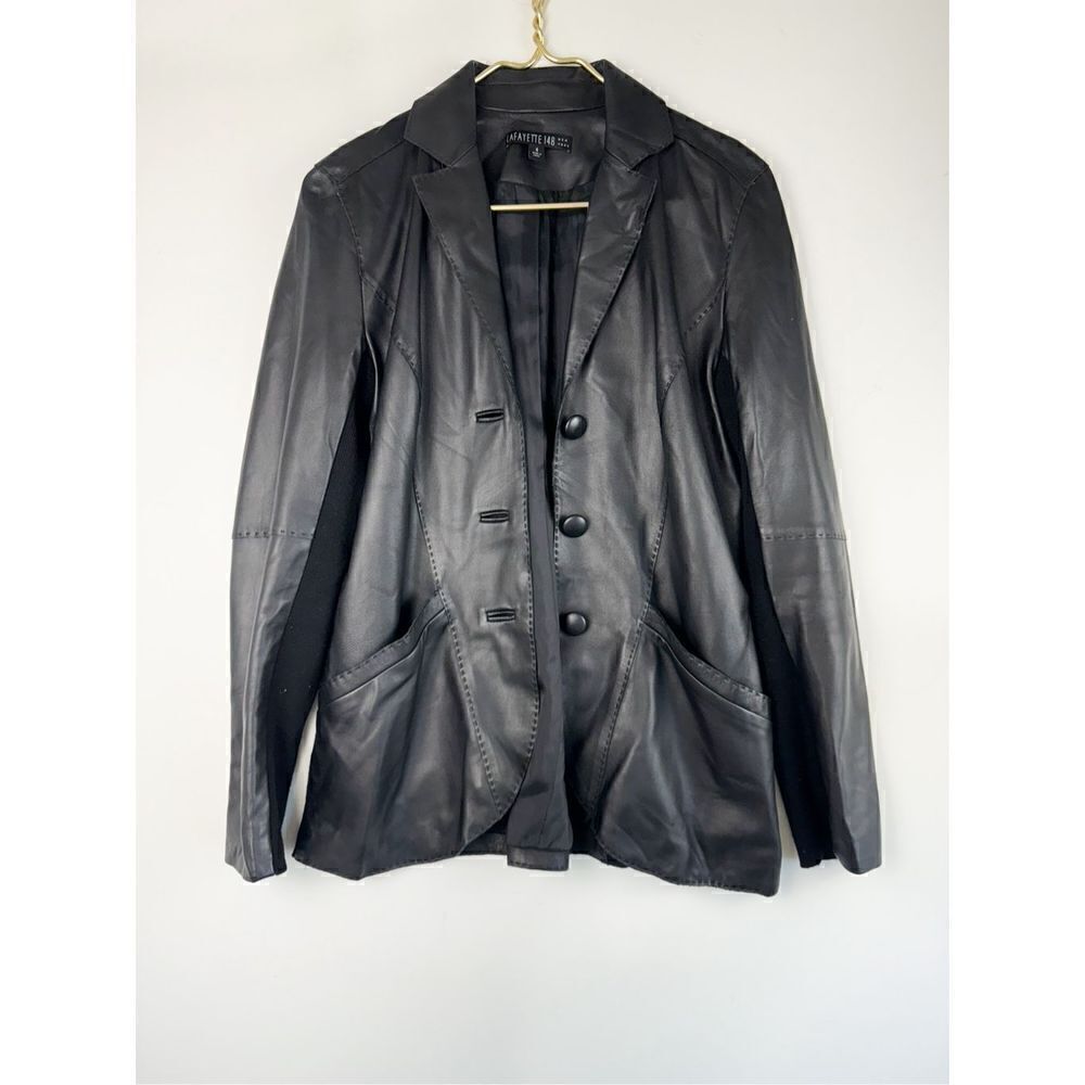 Lafayette 148 New York Women's Black Leather Merino Wool Jacket Size 4